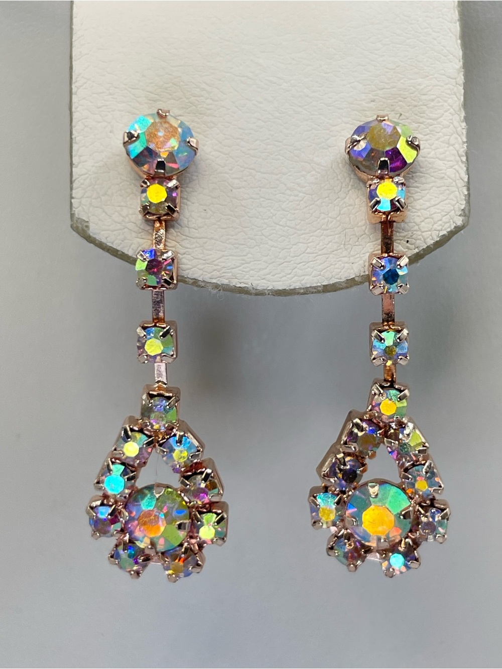 Rose Gold Tone AB Crystal Dangle Earrings Aurora Borealis Statement